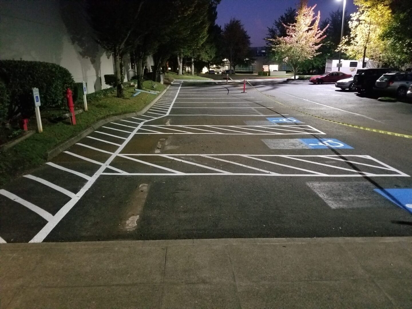 Empty parking lot with handicap spaces at night.
