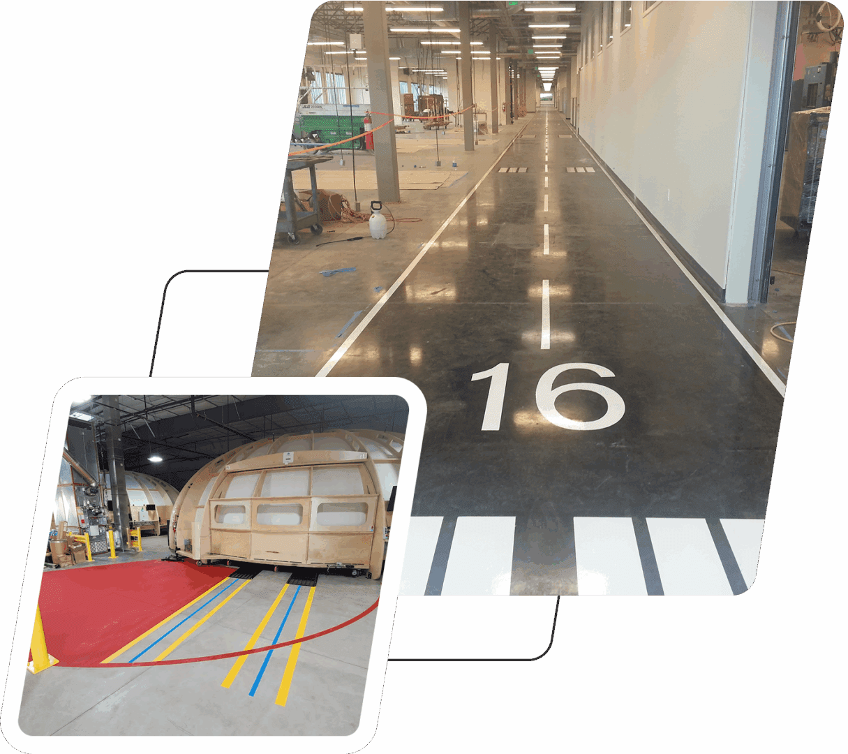 Factory floor with numbered walkway and equipment.