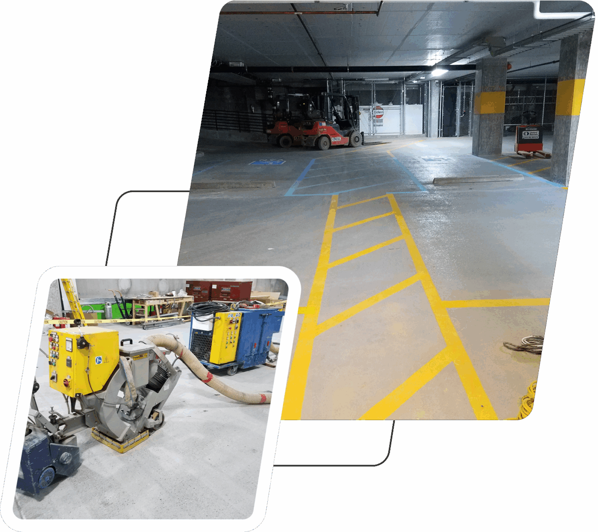 Parking garage with industrial cleaning machine.