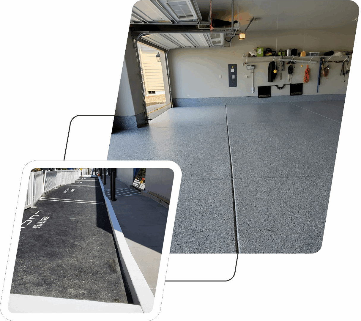 Garage with polished concrete floor and driveway.