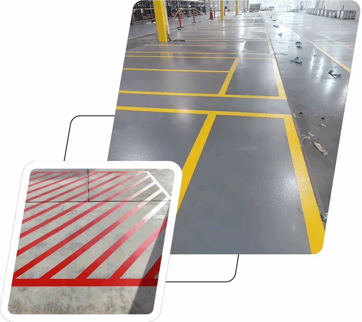 Warehouse floor with yellow and red lines.