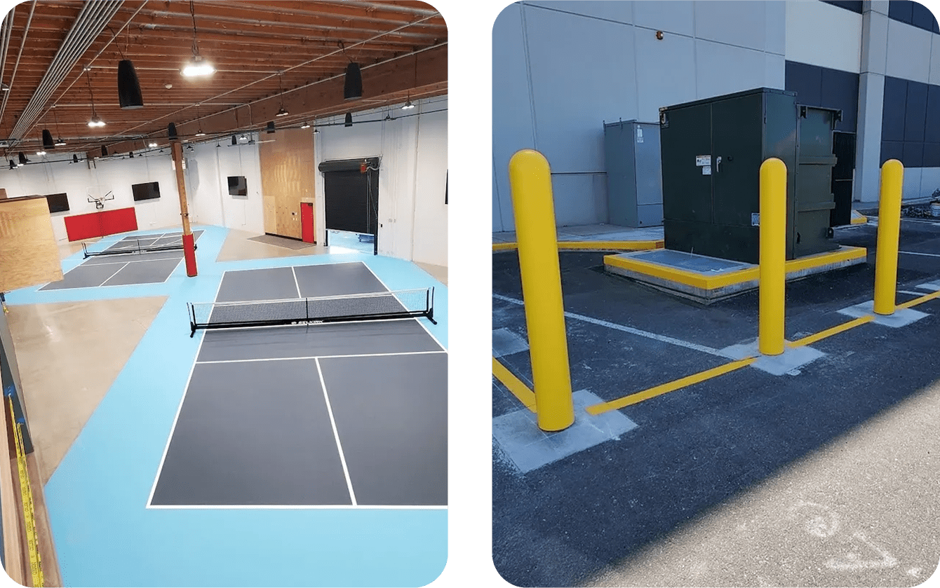 Indoor pickleball courts and outdoor utility area.